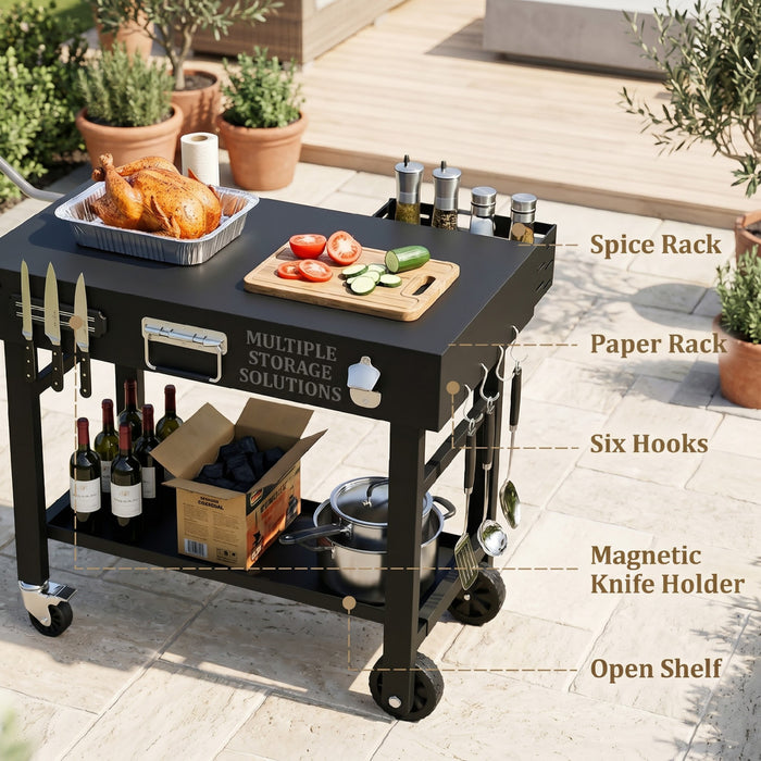 Outsunny Chariot de BBQ, Table Pliable avec Support Magnetique pour Couteaux, Noir