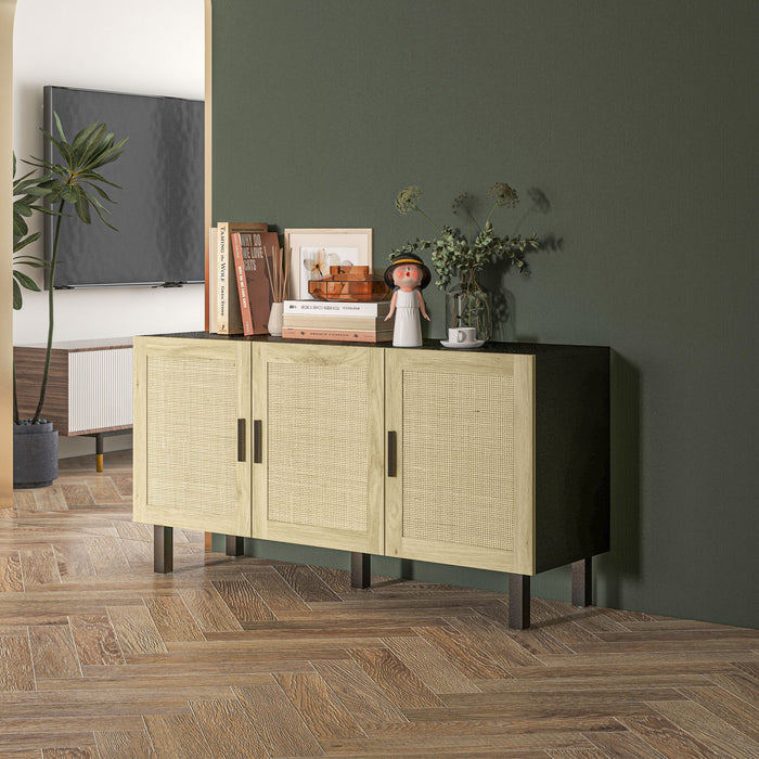 HOMCOM Buffet Boho, meuble bar a cafe avec portes en rotin, noir