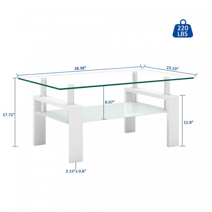 Table basse moderne rectangulaire en verre trempe transparent Liam, avec pieds blancs