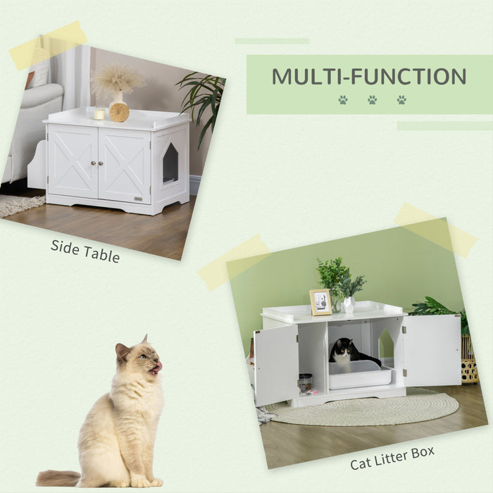 Pawhut Litiere Cachee Enclos De Litiere Meubles De Toilette Pour Chats Avec Rangement, Diviseur Reglable, Table D'appoint Interieure De La Maison Pour Animaux De Compagnie, Blanc