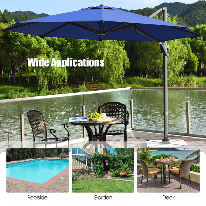 Costway Parasol deporte 11ft pour terrasse a rotation cantilever, aluminium, inclinable, base croisee, bleu marine