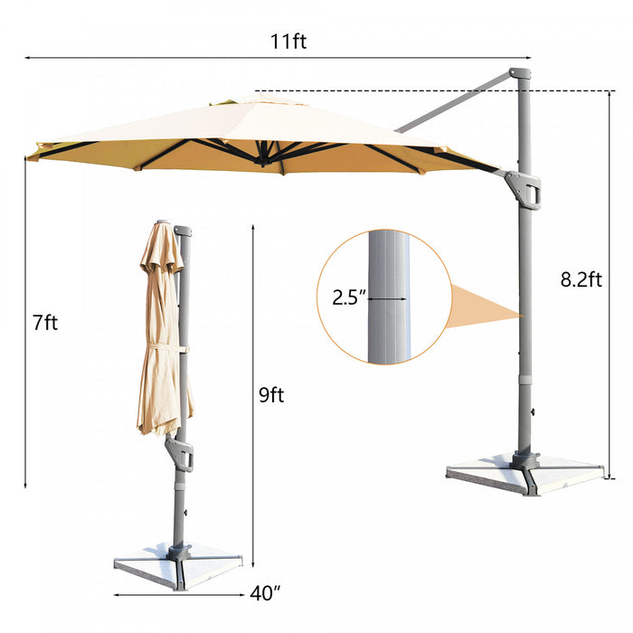 Costway Parasol deporte 11ft pour terrasse a rotation cantilever, aluminium, inclinable, base croisee, beige