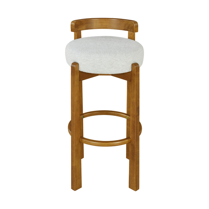 Elise – Lot de 2 tabourets de bar modernes a assise ronde en bois d’hevea avec dossier incurve de soutien et revetement en sherpa, couleur ivoire