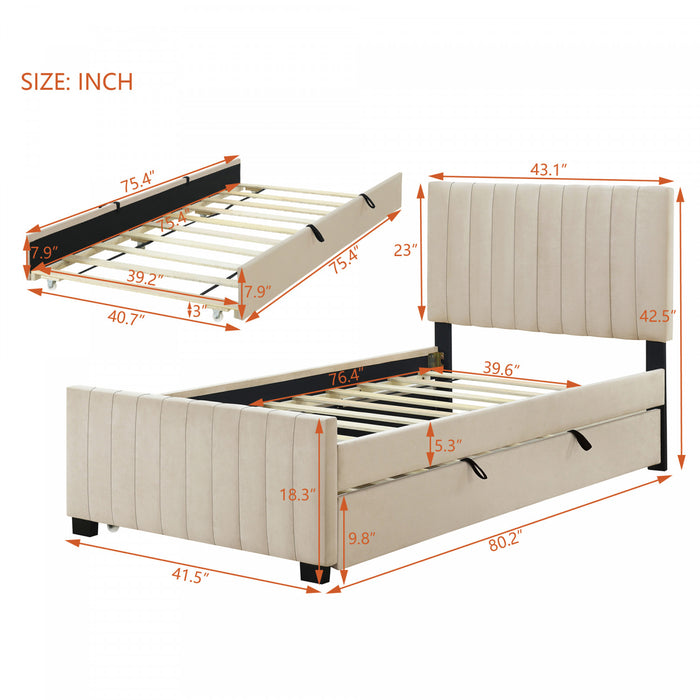Lit plateforme Ethan rembourre en velours, gain de place, avec tiroir gigogne, taille simple, beige