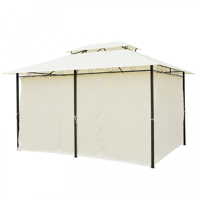 Outsunny 13'l X 10'w X 8.8'/6.5h Patio Gazebo Exterieur 2-tiers Jardin Canopee Parasol Abri Avec Rideaux Blanc Creme