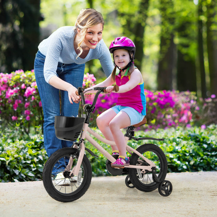 Costway 14\" Velo Pour Enfants Avec Roues D'entrainement Guidon Reglable Et Frein A Main De Siege Rose