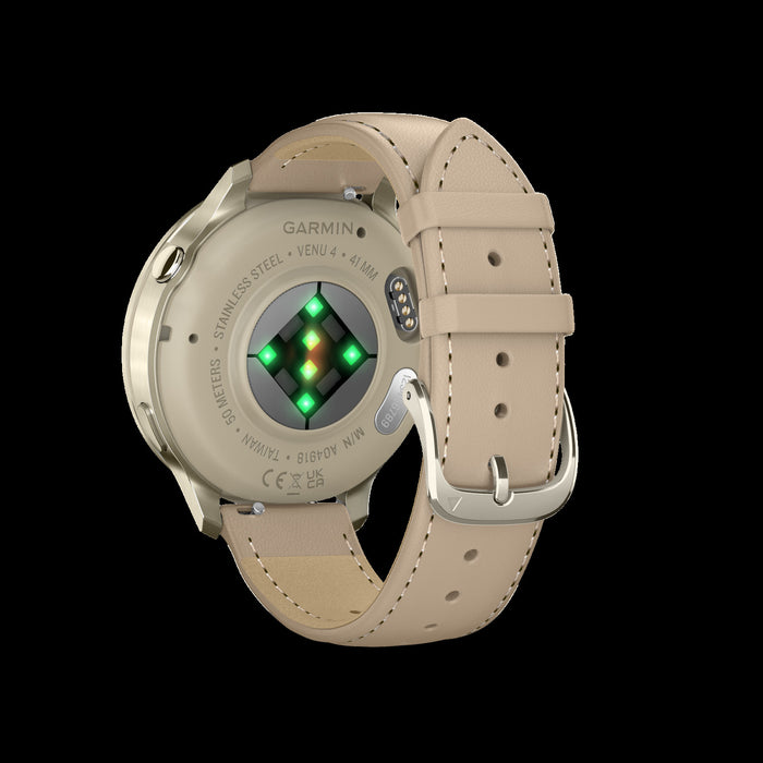 Montre intelligente Garmin Venu 4 41 mm en cuir dore premium - Suivi de style de vie, application ECG, alarme de reveil intelligente, rapport du soir, profils de triathlon, mode fauteuil roulant