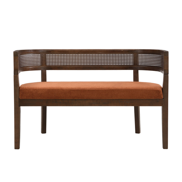 Rattan Causeuse Rembourree en Rotin 47.5 po avec Dossier Tisse Main, Orange Fonce, Noyer