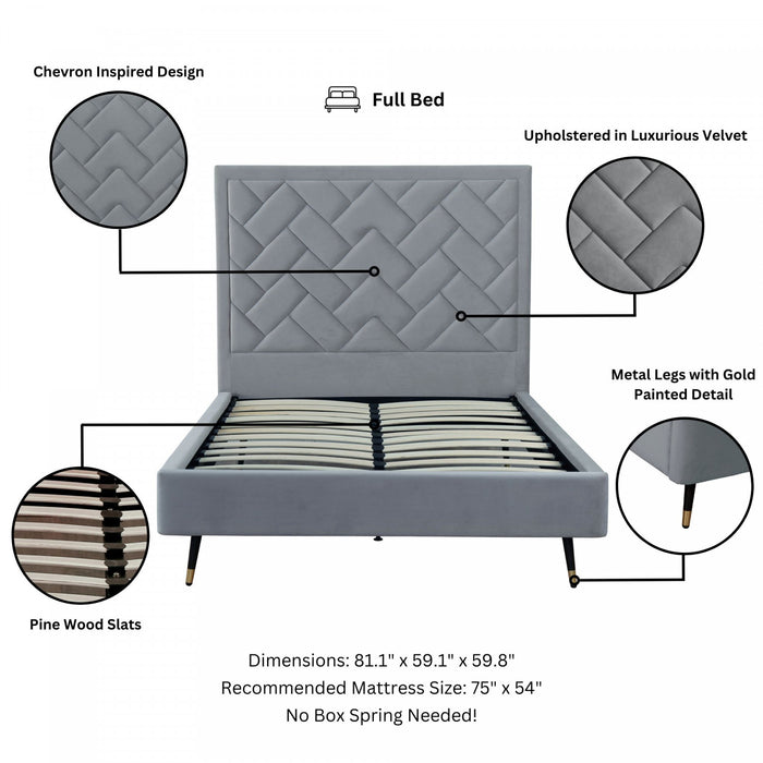 Lit double moderne Crosby en velours gris capitonne