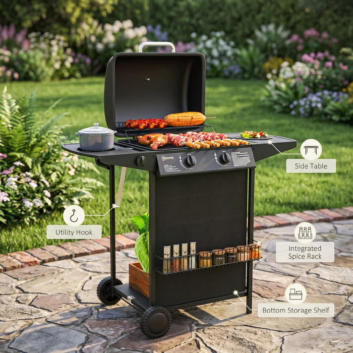 Outsunny Barbecue a gaz propane 2+1 bruleurs, barbecue a gaz portable, noir