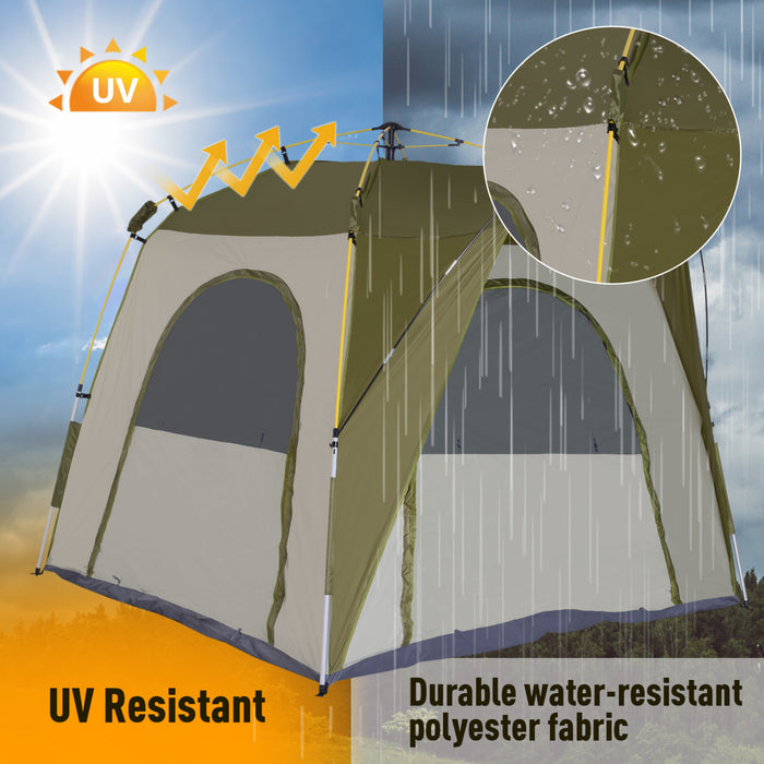 Tente De Camping Familiale 4-5 Personnes Montage Instantanee Pop-up 4 Fenetres Pare-soleil Dim. 2,4l X 2,4l X 1,95h M Fibre Verre Polyester Vert Gris