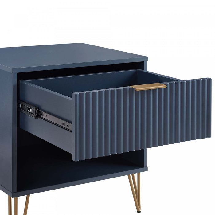 Table de nuit moderne Dumbo 20\" a cannelures en bleu minuit (1 tiroir) - Lot de 2