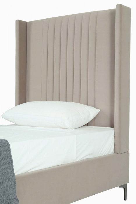 Lit jumeau Promenade de style mi-siecle moderne en velours capitonne, finition taupe rustique