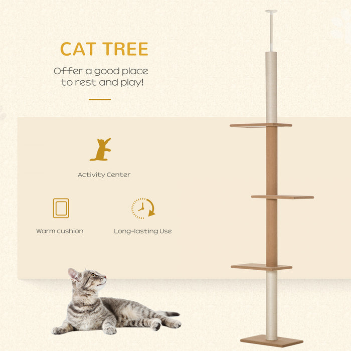 Pawhut 100\" Arbre A Chat Du Sol Au Plafond Avec 3 Perchoirs Centre D'activites Pour Chatons, Marron