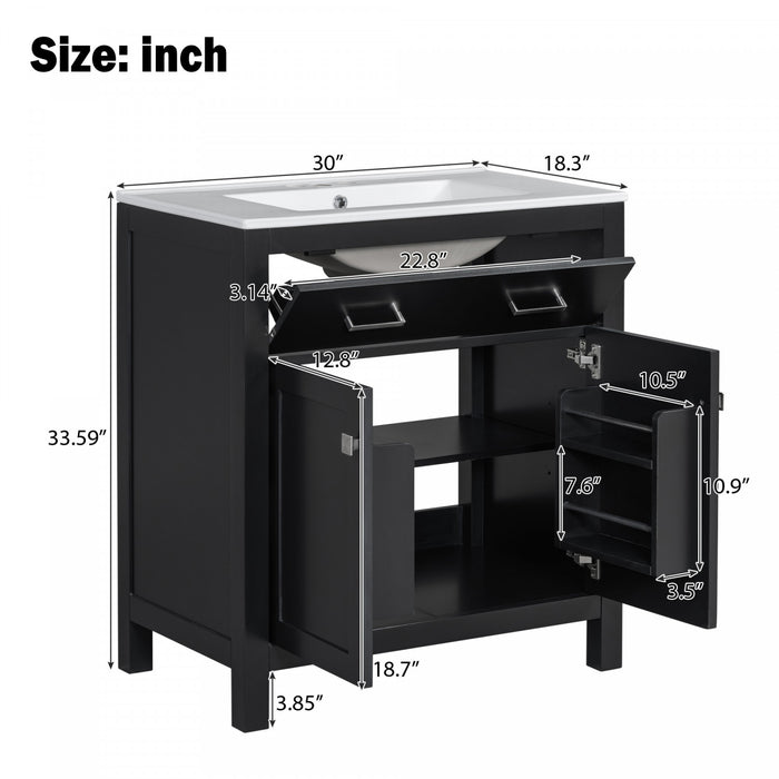 Meuble de salle de bain moderne Baker 30 pouces avec lavabo ceramique et rangement, noir