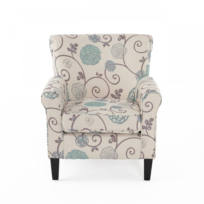Fauteuil D’appoint Catherine En Tissu aspect lin Avec Pieds En Bois - Blanc Et Bleu