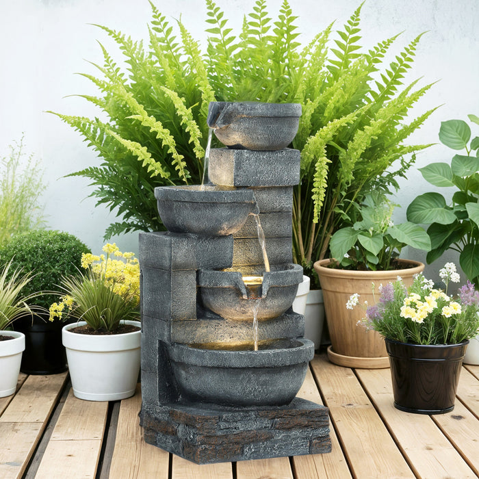 Outsunny Fontaine D'eau Avec Led, Cascade De Bols En Cascade, Gris
