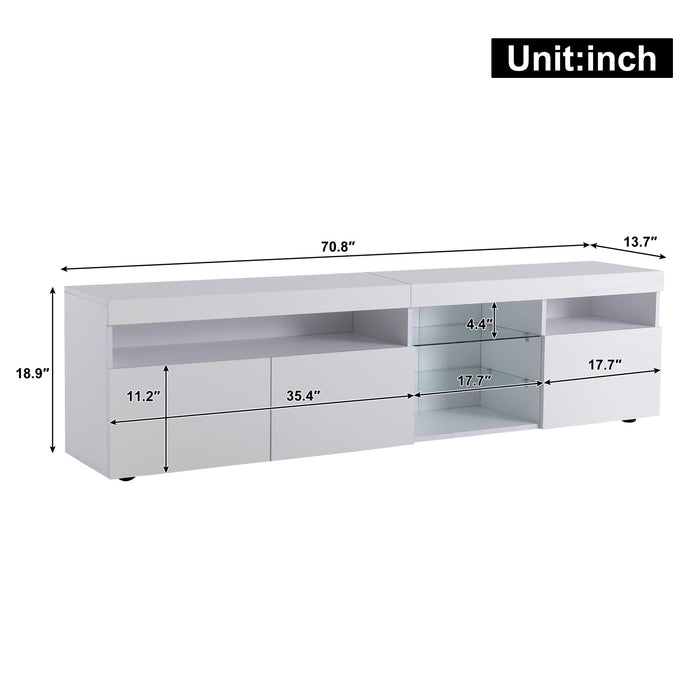 James 70.8\" Cabinet TV Moderne avec Eclairage LED USB et Facade Haute Brillance, Blanc