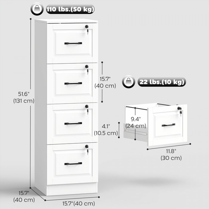HOMCOM Armoire a Dossiers 4 Tiroirs avec Serrure, Meuble de Classement Vertical, Blanc
