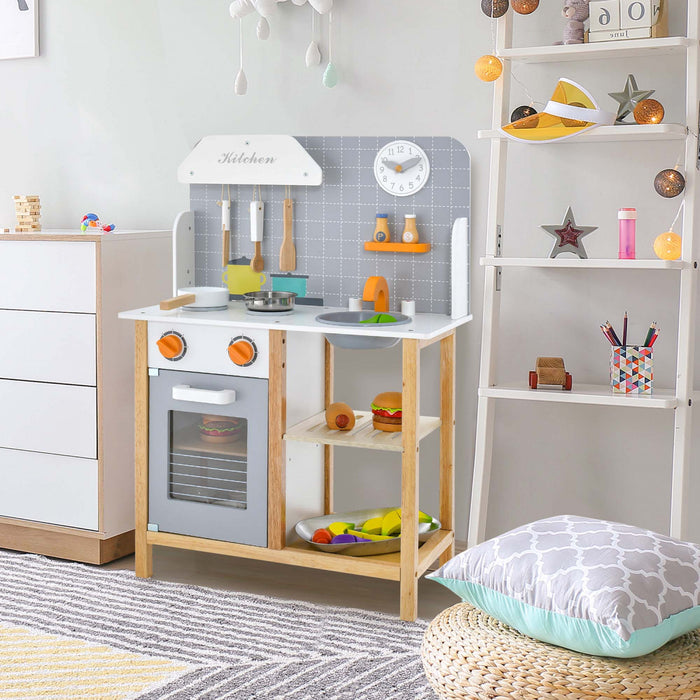 Cuisine Pour Enfants En Bois Avec Etageres De Rangement, Accessoires De Cuisine, Horloge Mignonne Et Son Realiste, Jeu De Cuisine D'imitation Pour Tout-petits, Cadeau Pour 3+ Ans