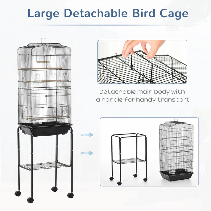 Pawhut Cage A Oiseaux Sur Roulettes Grande Voliere Detachable Cage Portable Multi-accessoires Avec Mangeoires Perchoirs Plateau Amovible Et Etagere Cage Pour Canaris Perruches Noir
