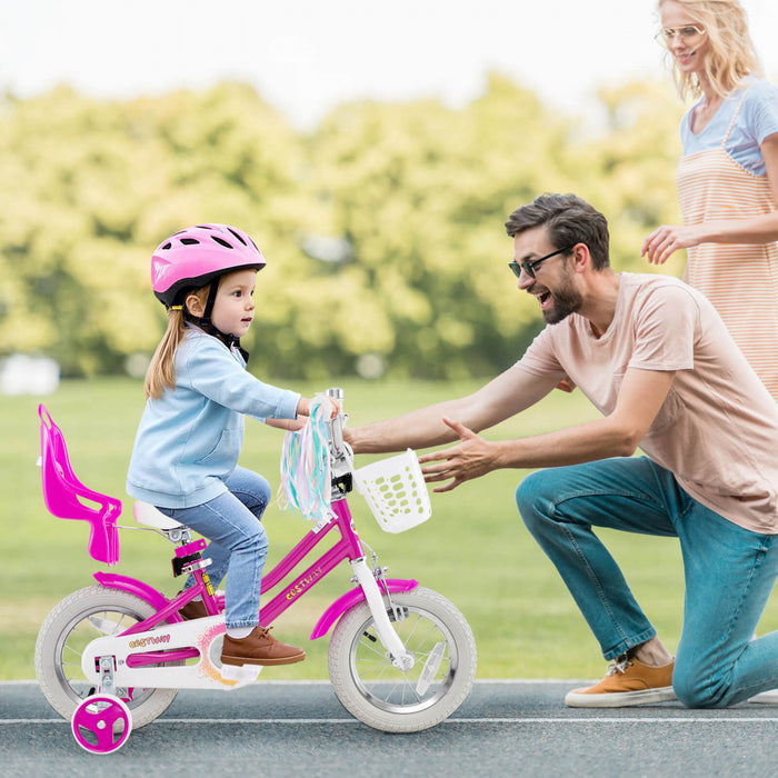 Costway 12 Pouces Enfants Velo Avec Roues D'entrainement Poupee Siege Panier Streamers Frein A Main Rose