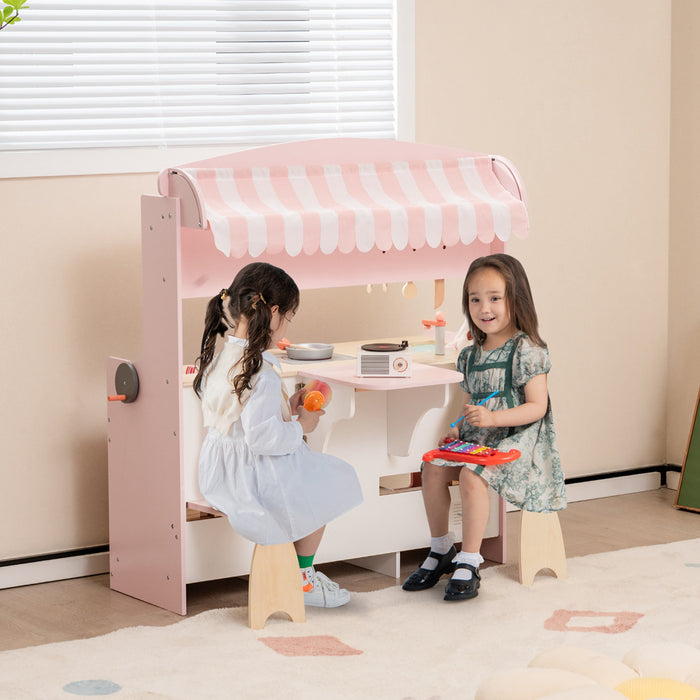 Cuisine Et Restaurant 2 En 1 Pour Enfants, Cuisine De Jeu Double Face Avec Cuisiniere, Four A Rotir, Barbecue, Auvent Reglable Et Robinet En Bois, Jeu De Role Pour Enfants De 3 A 8 Ans