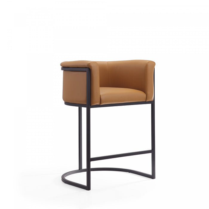 Tabouret de comptoir moderne du milieu du siecle en metal et tissu, coloris camel, lot de 2
