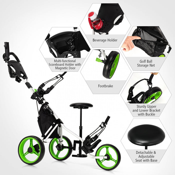 Goplus Pliant 3 Roues Golf Push Cart W/seat Tableau De Bord Poignee Reglable Vert