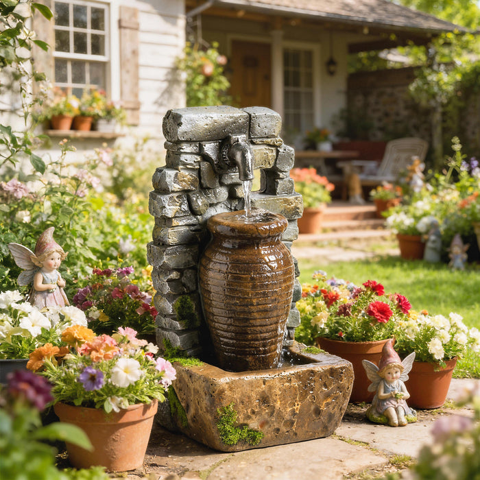 Outsunny Fontaine d'exterieur avec lumieres LED, style rustique