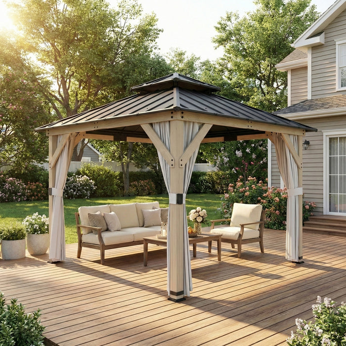 Outsunny Tonnelle de Jardin 305 x 305 cm avec Toit Rigide en Acier Galvanise Double Niveau