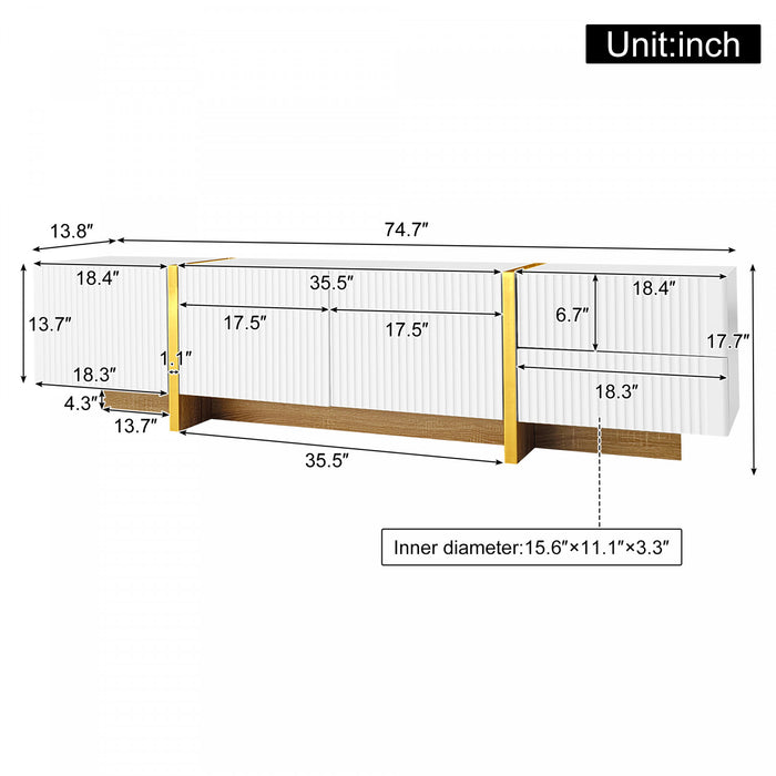 Emily 74.7\" Grand Cabinet TV de Rangement avec Portes et Tiroirs, Dore