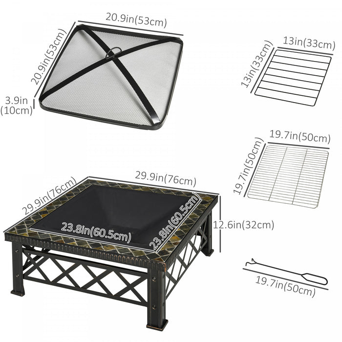 Outsunny Poele Carre Exterieur En Acier De 30 Po Avec Pare-etincelles, Grille A Buches, Tisonnier, Filet De Gril Pour Terrasse