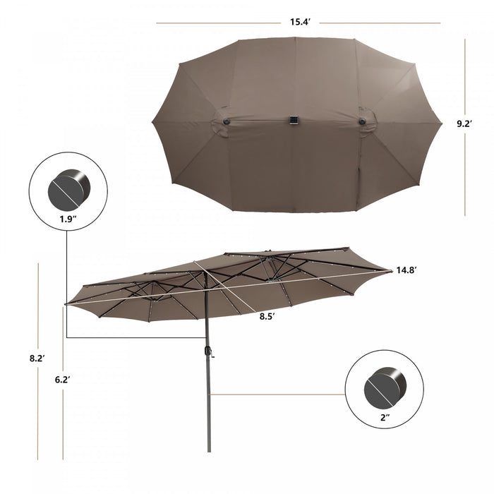Costway Parasol double face jumeau 15FT pour patio avec 48 LED solaires a manivelle Cafe