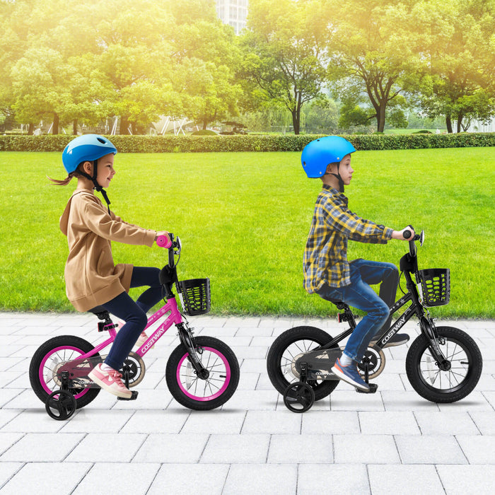 Costway 16\" Velo Pour Enfants Avec Roues D'entrainement Guidon Reglable Et Frein A Main De Siege Rose
