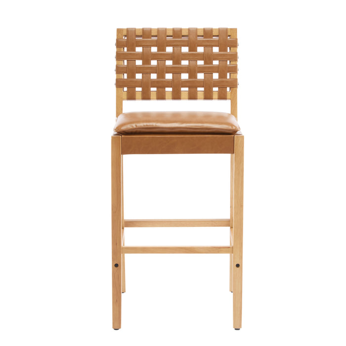 Philip – Lot de 2 tabourets de bar modernes en bois d’hevea avec dossier en tressage, finition naturelle