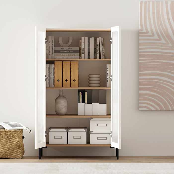 Armoire bibliotheque moderne Abbey 32\" en verre trempe, erable et blanc casse (4 etageres) - Lot de 2