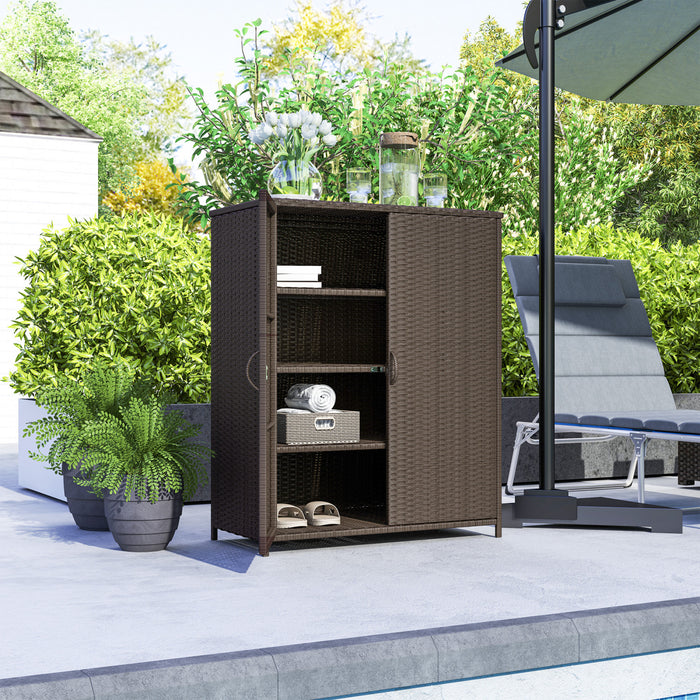 Outsunny Armoire de rangement exterieure en osier, 4 etageres avec 2 portes