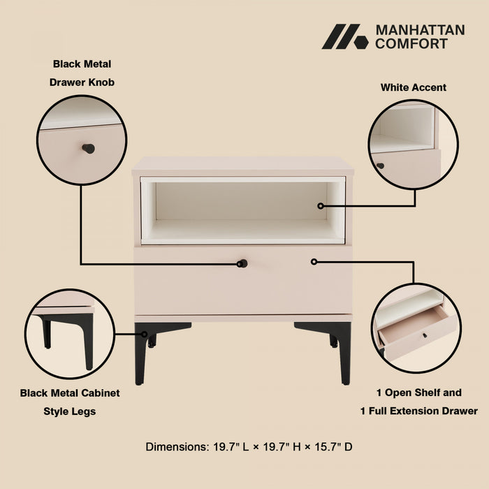 Table de nuit moderne Amara 20\" en rose pale et blanc (1 tiroir)