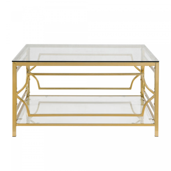 Gleam Table Basse Carree en Verre Trempe 33.5 po avec Cadre Geometrique Dore et Etagere Inferieure, Transparent