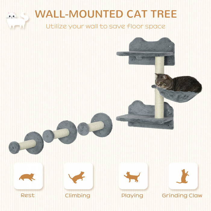 Pawhut Lot De 4 Etageres Murales Pour Chat Avec Griffoirs, Hamac, Marches, Plateformes, Mobilier Mural Pour Chat Pour Se Detendre, Dormir, Sauter, Grimpeur Mural Pour Chat D'interieur, Gris