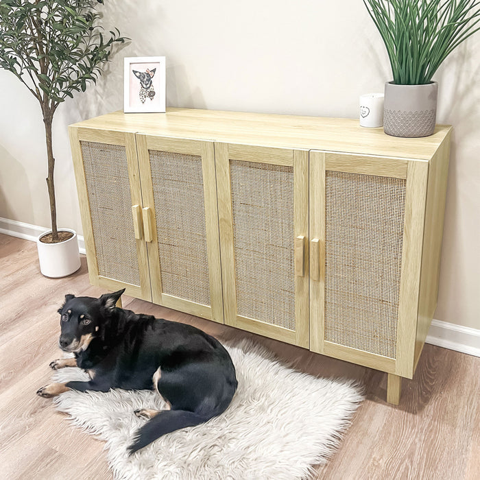 HOMCOM Buffet Boho avec 4 portes en rotin, naturel