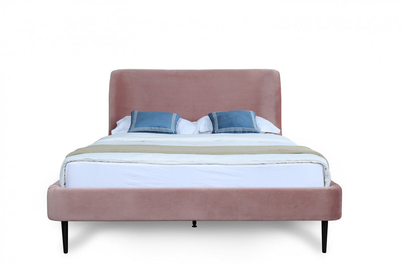 Lit Queen Heather style milieu du siecle moderne, tapisse de velours rose poudre et noir