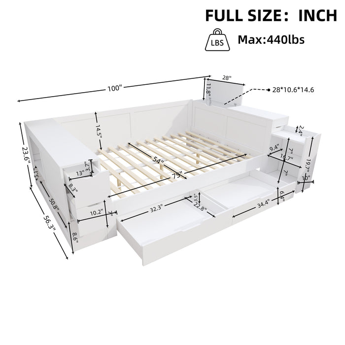 Banquette-lit Mason avec tete de lit de rangement et cadre de lit multifonctionnel avec rangement, taille full, blanc