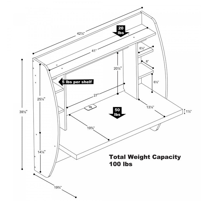 Bureau mural avec rangement - blanc