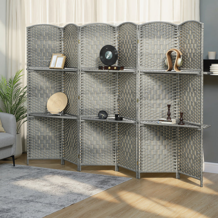HOMCOM Ecran de Confidentialite avec Etageres, Paravent de 6 Panneaux, Gris
