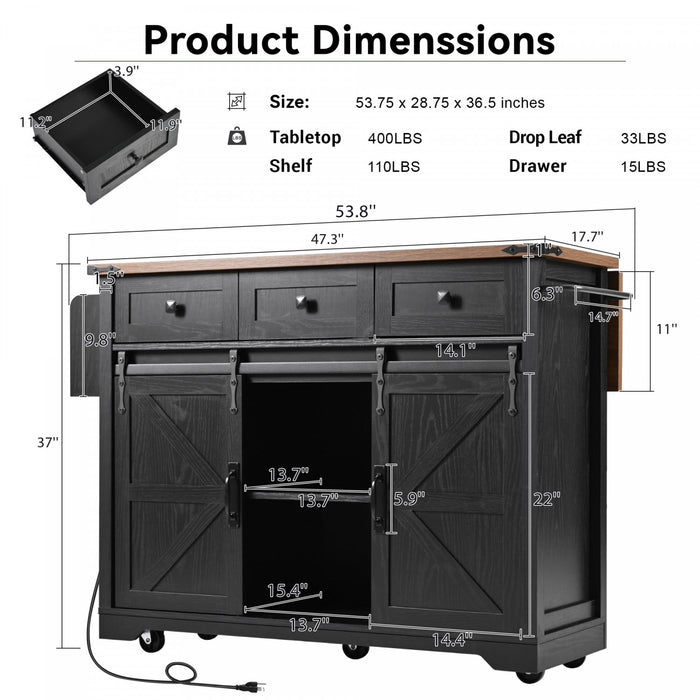 Chariot De Cuisine Wilson 53,7\" En Bois Reconstitue Avec Prise Electrique Et Rangement -Noir