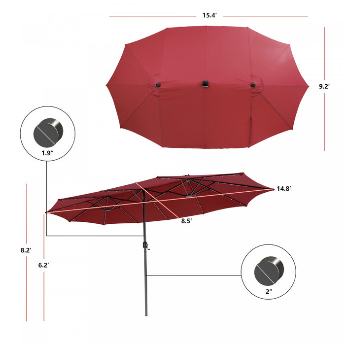 Costway Parasol double face jumeau 15FT pour patio avec 48 LED solaires a manivelle Wine