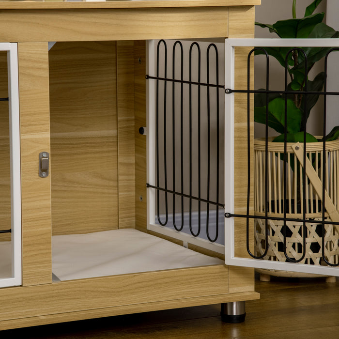 Pawhut Table D'appoint Pour Animal Domestique Avec Coussin Moelleux, Meubles De Cage Pour Chien A Double Porte Pour Chiens De Taille Moyenne, Chenil En Fil De Bois Pour Une Utilisation En Interieur