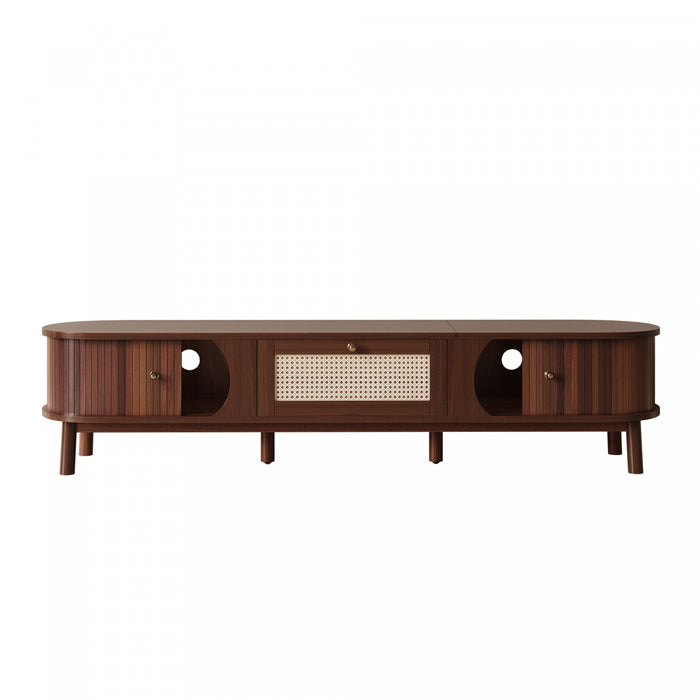 Rustic Meuble TV 67 po avec Portes Coulissantes en Rotin et Tiroirs, Bois